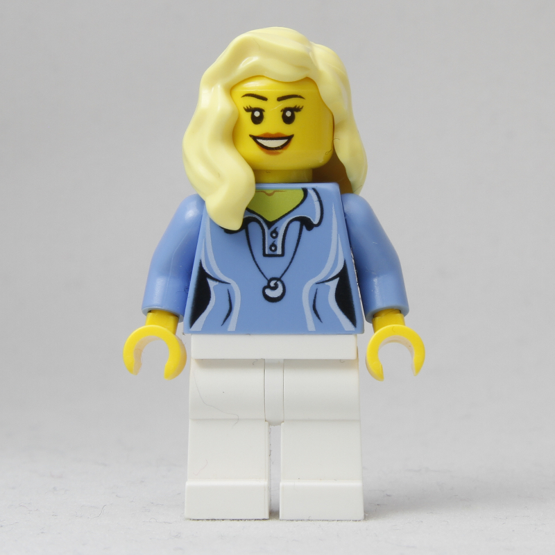 LEGO Woman, Medium Blue Polo Shirt with Necklace, White Legs, Light Bright Yellow Hair (fig-008062)