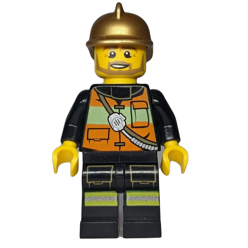 LEGO Fireman, Orange Safety Vest with Radio, Gold Helmet, Beard (fig-008063)