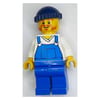 Man, Blue Overalls over Shirt, Blue Legs, Dark Blue Hat, Beard