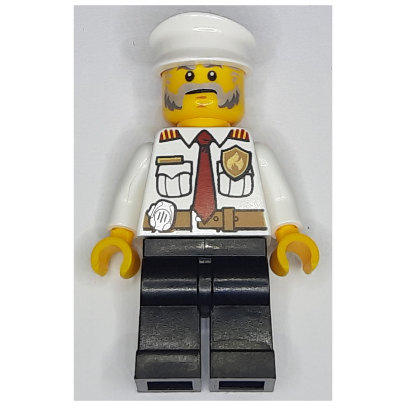 LEGO Fireman, White Shirt with Red Tie, Badge, and Radio on Belt, White Hat, Beard (fig-008065)