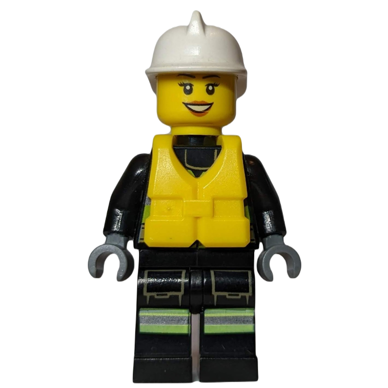 LEGO Firewoman, Safety Vest with Flashlight, Pocket, and Belt, White Helmet, Yellow Life Vest (fig-008067)