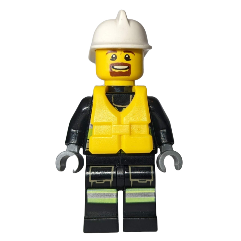 LEGO Fireman, Safety Vest with Flashlight, Pocket, and Belt, White Helmet, Yellow Life Vest, Goatee Beard (fig-008068)