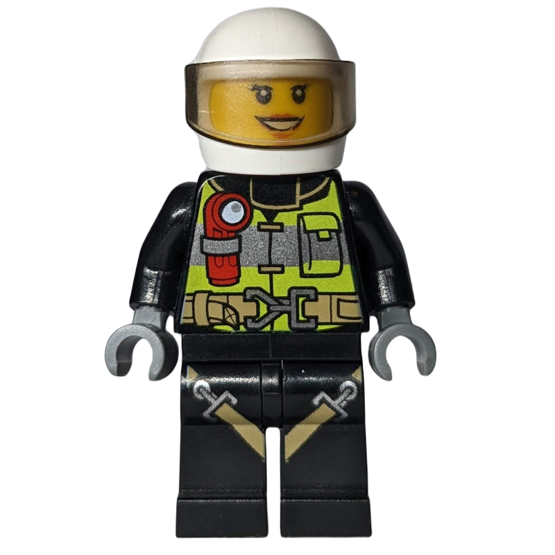 LEGO Firewoman, Safety Vest with Flashlight, Pocket, and Belt, Black Legs with Straps, White Helmet with Visor (fig-008069)