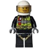 Firewoman, Safety Vest with Flashlight, Pocket, and Belt, Black Legs with Straps, White Helmet with Visor