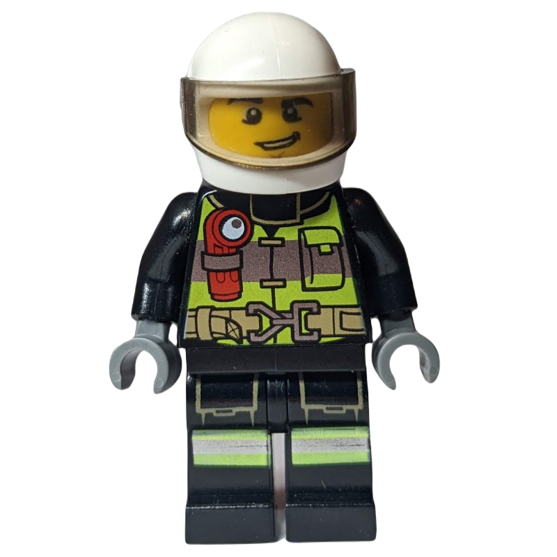 LEGO Fireman, Safety Vest with Flashlight, Pocket, and Belt, White Helmet with Visor (fig-008070)