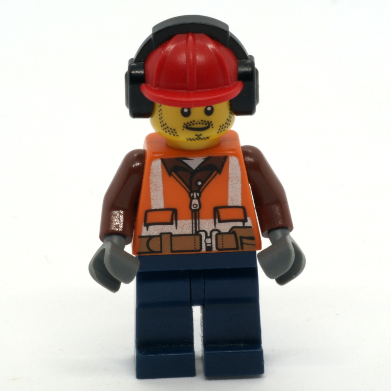 LEGO Construction Worker, Orange Safety Vest with Zipper and Pockets, Red Hard Hat with Ear Defenders, Stubble (fig-008071)