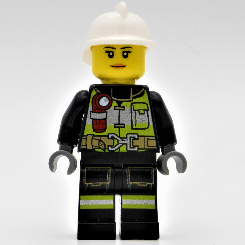 LEGO Firewoman, Black Fire Suit with Gauge and Straps, White Helmet (fig-008072)