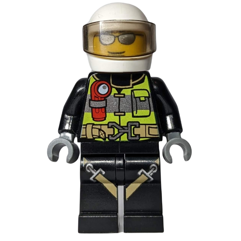 LEGO Fireman, Safety Vest with Flashlight, Pocket, and Belt, Black Legs with Straps, White Helmet with Visor, Silver Sunglasses (fig-008074)