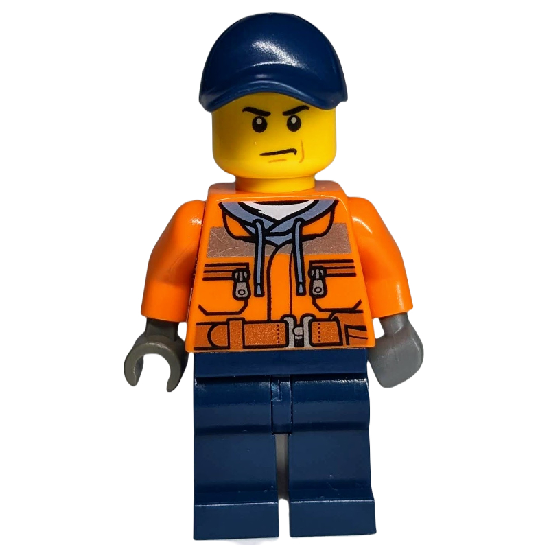 LEGO Construction Worker, Orange Jacket with Zipper and Reflective Stripes, Dark Blue Legs, Dark Blue Cap (fig-008075)