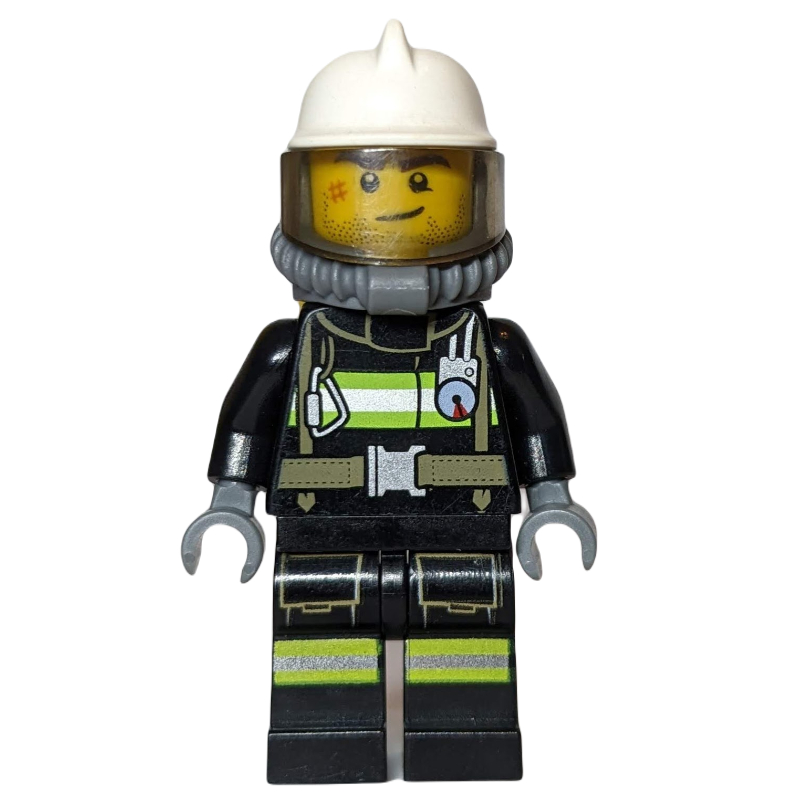LEGO Fireman, Black Fire Suit with Gauge and Straps, White Helmet, Breathing Apparatus, Airtanks, Stubble and Scar (fig-008076)