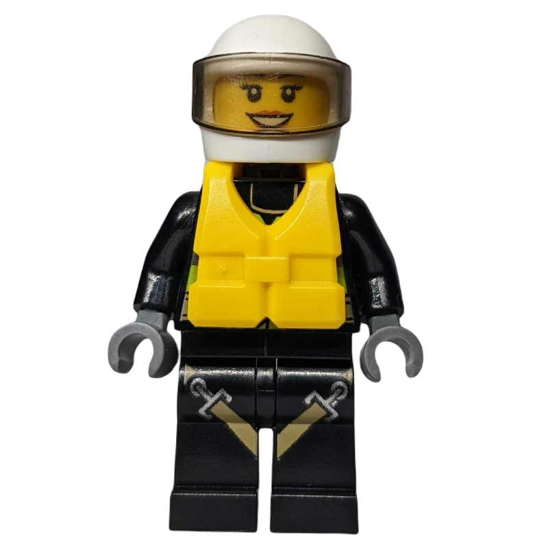 LEGO Firewoman, Safety Vest with Flashlight, Pocket, and Belt, Black Legs with Straps, White Helmet with Visor, Yellow Life Vest (fig-008077)