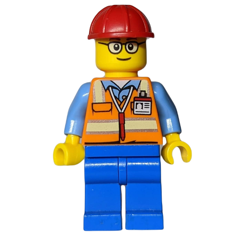 LEGO Construction Worker, Orange Safety Vest with Pen and ID Badge, Red Hard Hat, Glasses (fig-008078)