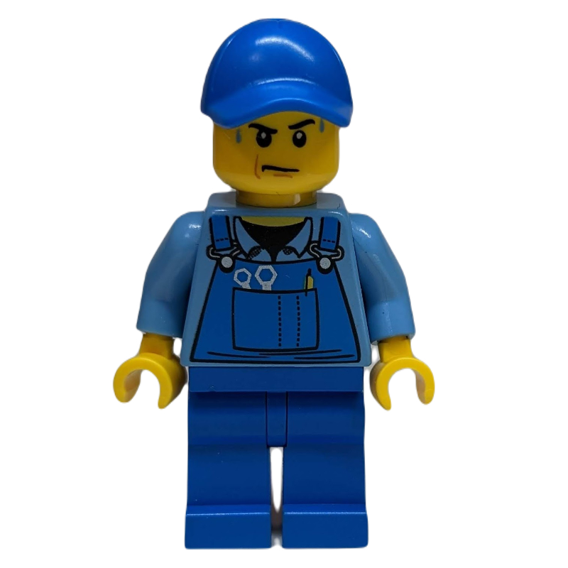 LEGO Man, Blue Overalls over Shirt, Blue Legs, Black Cap, Sweat Drops (fig-008079)