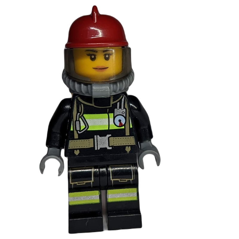 LEGO Firewoman, Black Fire Suit with Gauge and Straps, Dark Red Helmet, Breathing Apparatus, Airtanks (fig-008080)