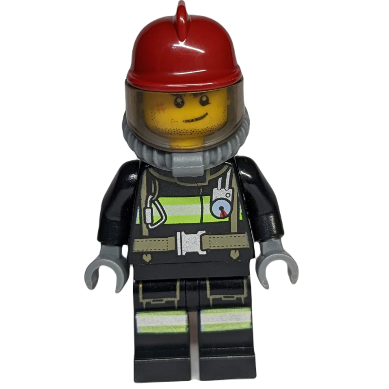 LEGO Fireman, Black Fire Suit with Gauge and Straps, Dark Red Helmet, Breathing Apparatus, Airtanks, Stubble and Scar (fig-008081)