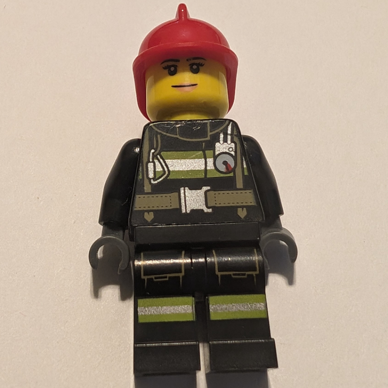 LEGO Firewoman, Black Fire Suit with Gauge and Straps, Red Helmet (fig-008083)