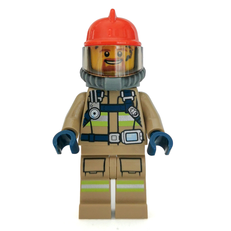 LEGO Fireman, Dark Tan Fire Suit with Gauge and Straps, Red Helmet, Breathing Apparatus, Airtanks, Goatee Beard (fig-008084)