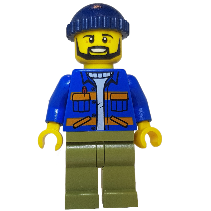 LEGO Worker, Blue Shirt with Orange Stripes and Pockets, Olive Green Legs, Dark Blue Hat, Beard (fig-008086)