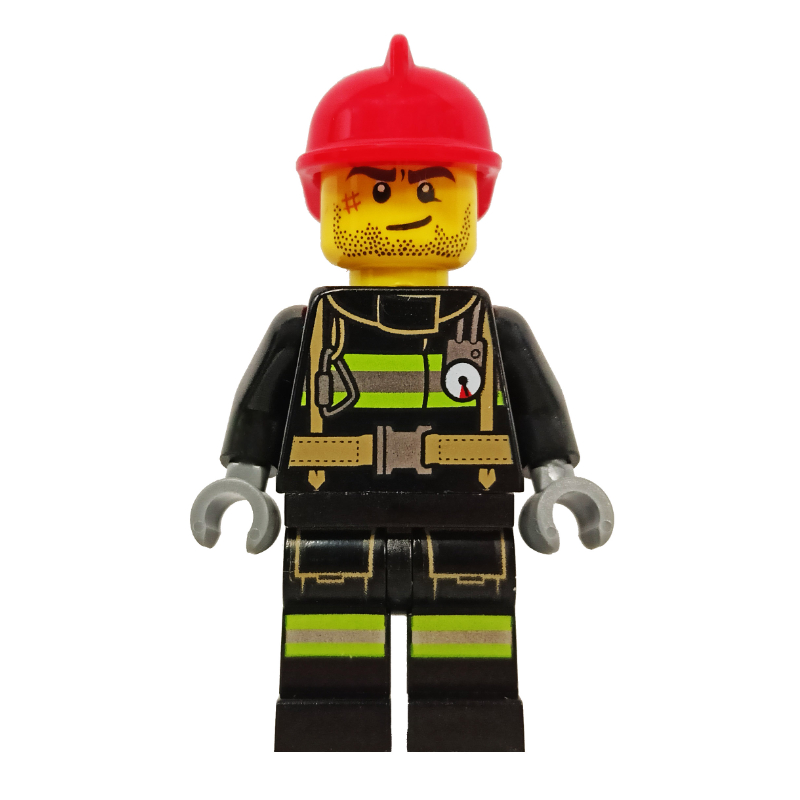 LEGO Fireman, Black Fire Suit with Gauge and Straps, Red Helmet, Stubble and Scar (fig-008087)