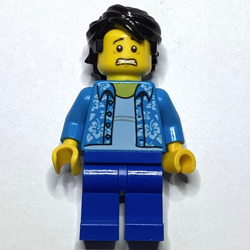 LEGO Man, Open Dark Azure Hawaiian Shirt, Blue Legs, Black Hair (fig-008088)