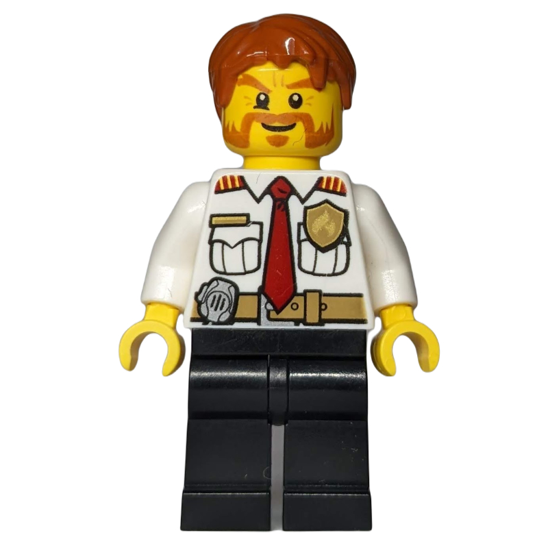 LEGO Fireman, White Shirt with Red Tie, Badge, and Radio on Belt, Dark Orange Hair, Mutton Chops and Moustache (fig-008091)