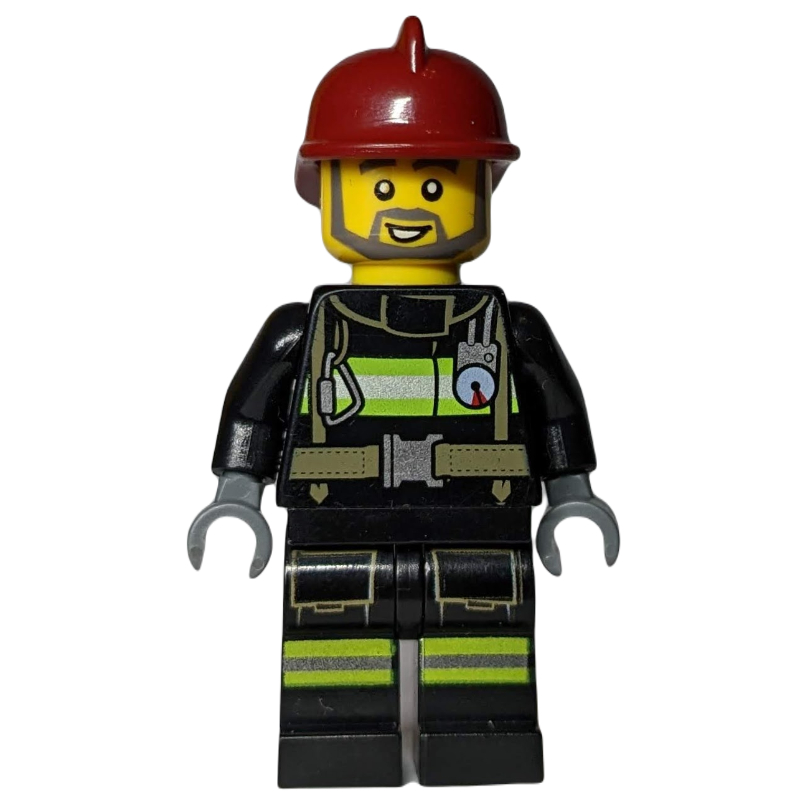 LEGO Fireman, Black Fire Suit with Gauge and Straps, Dark Red Helmet, Beard (fig-008092)