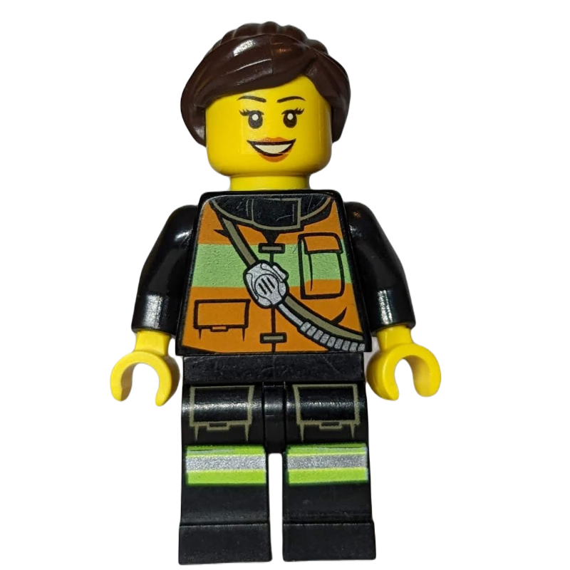 LEGO Firewoman, Orange Safety Vest with Radio, Dark Brown Hair (fig-008093)
