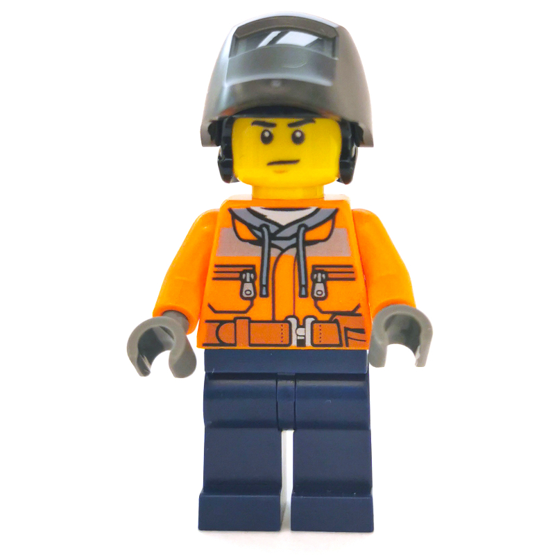 LEGO Construction Worker, Orange Jacket with Zipper and Reflective Stripes, Dark Blue Legs, Welding Mask (fig-008096)