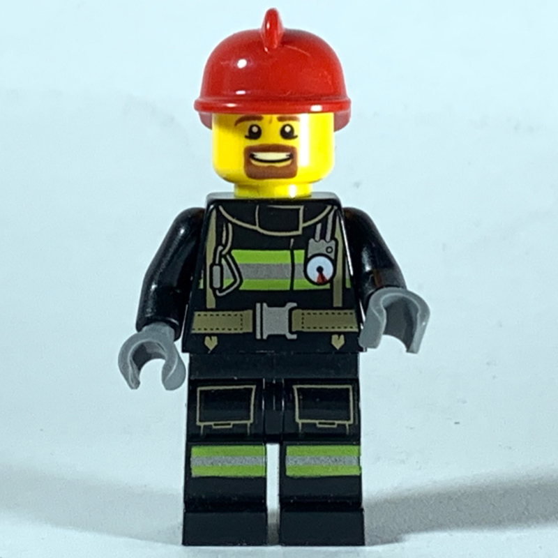 LEGO Fireman, Black Fire Suit with Gauge and Straps, Red Helmet, Goatee Beard (fig-008098)