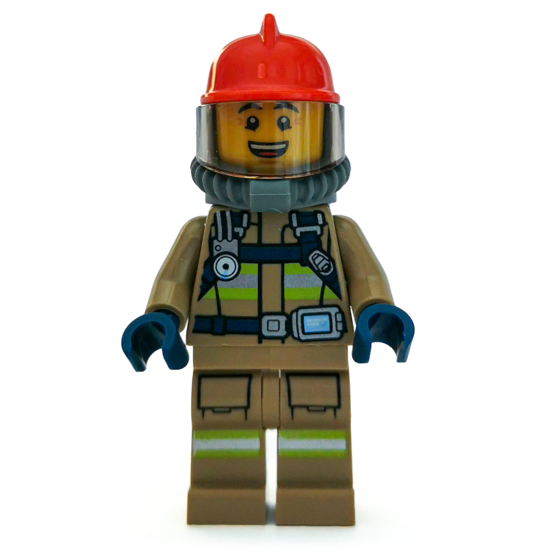 LEGO Fireman, Dark Tan Fire Suit with Gauge and Straps, Red Helmet, Breathing Apparatus, Airtanks, Open Mouth (fig-008099)