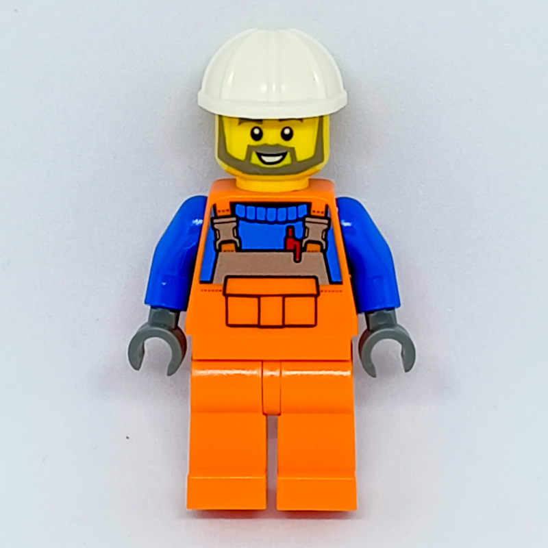 LEGO Construction Worker, Orange Overalls over Blue Sweater, White Hard Hat, Beard (fig-008100)