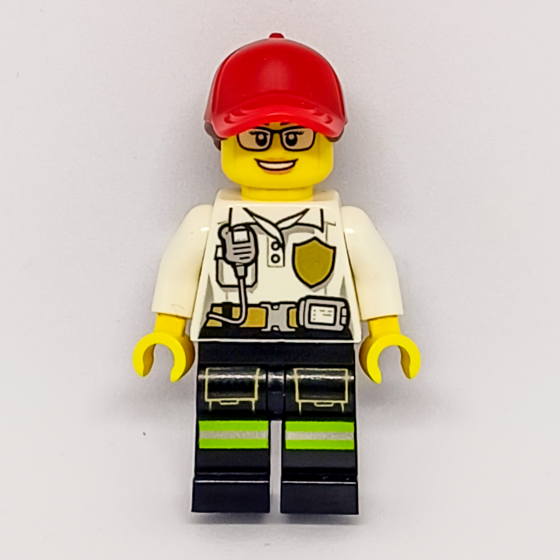 LEGO Firewoman, White Polo Shirt with Radio and Badge, Red Cap with Hair, Glasses (fig-008101)