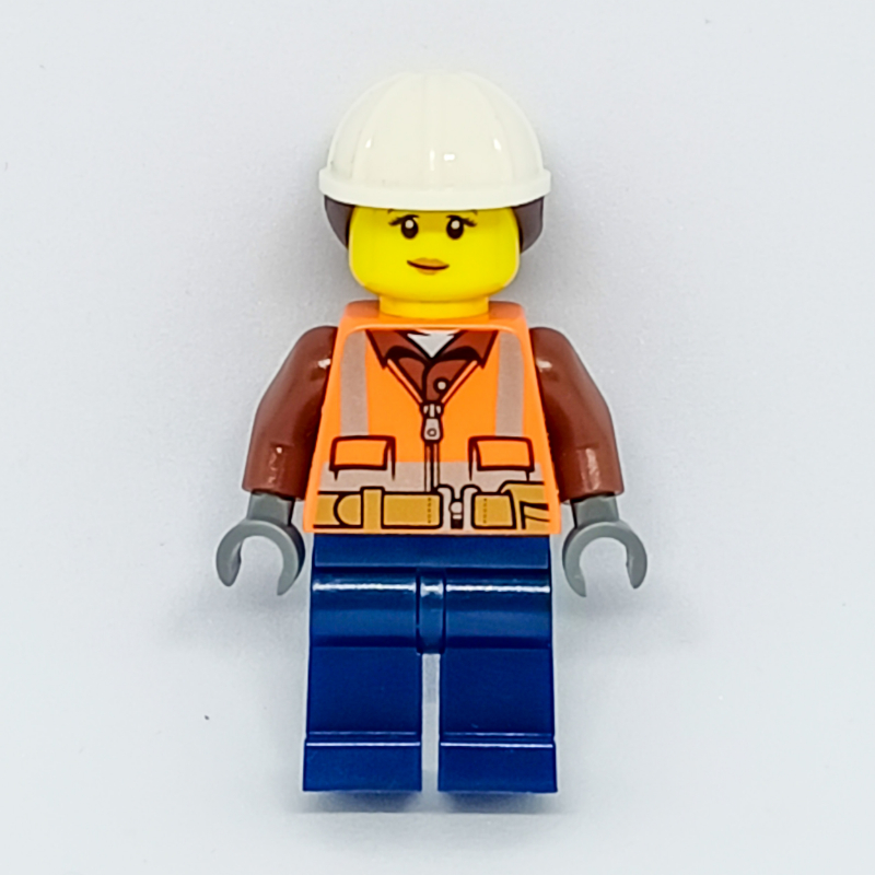 LEGO Construction Worker, Woman, Orange Safety Vest with Zipper and Pockets, White Hard Hat with Hair (fig-008102)