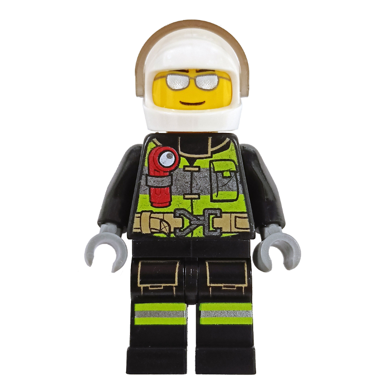 LEGO Fireman, Safety Vest with Flashlight, Pocket, and Belt, White Helmet with Visor, Silver Sunglasses (fig-008103)