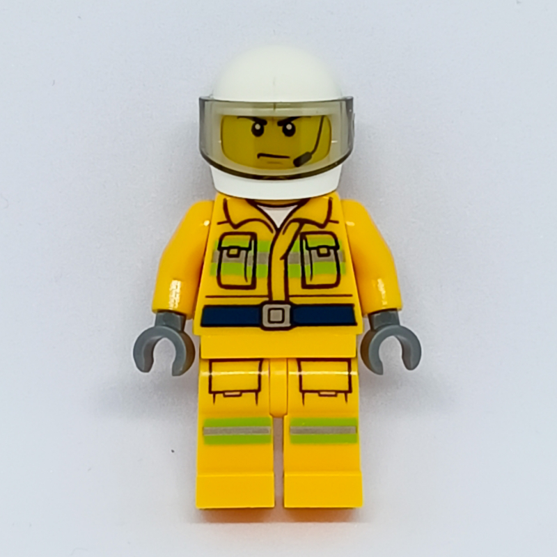 LEGO Fireman, Bright Light Orange Fire Suit, White Helmet with Visor, Headset (fig-008104)
