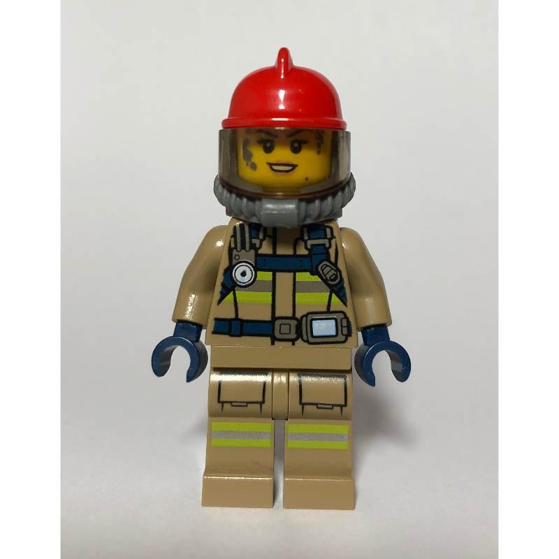 LEGO Firewoman, Dark Tan Fire Suit with Gauge and Straps, Red Helmet, Breathing Apparatus, Airtanks, Dirty (fig-008105)