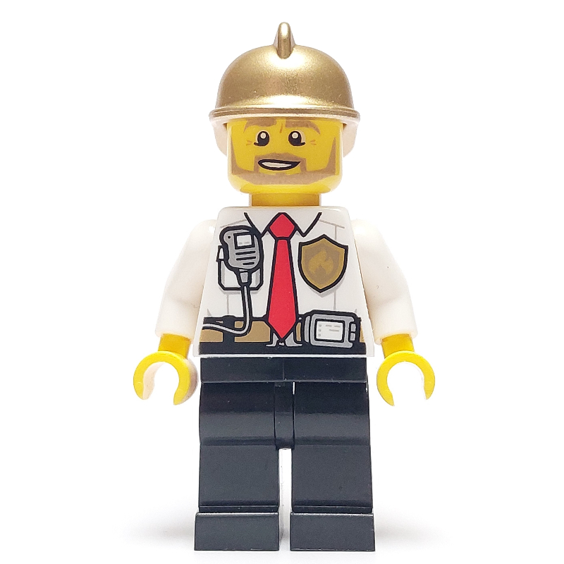 LEGO Fireman, White Shirt with Red Tie, Badge, and Radio on Pocket, Gold Helmet, Beard (fig-008106)