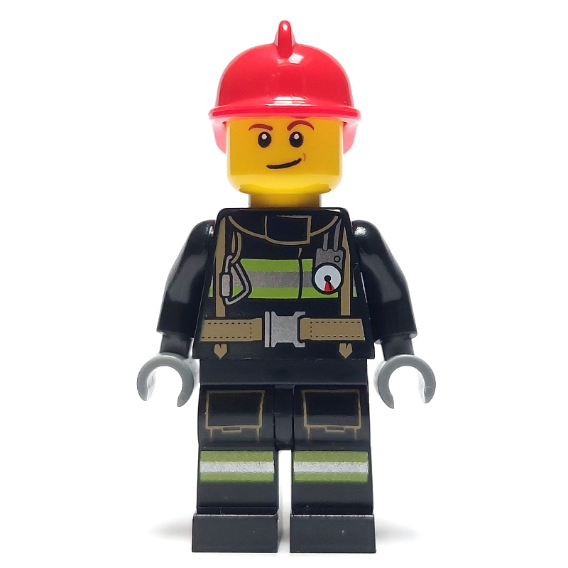 LEGO Fireman, Black Fire Suit with Gauge and Straps, Red Helmet (fig-008107)