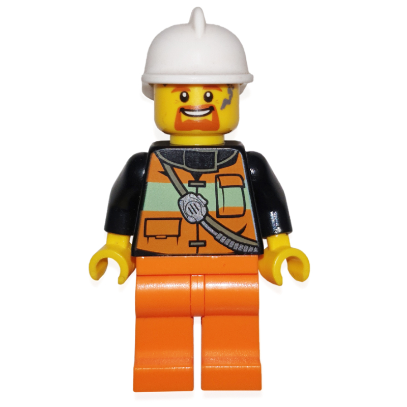 LEGO Fireman, Orange Safety Vest with Radio, White Helmet, Goatee Beard (fig-008110)