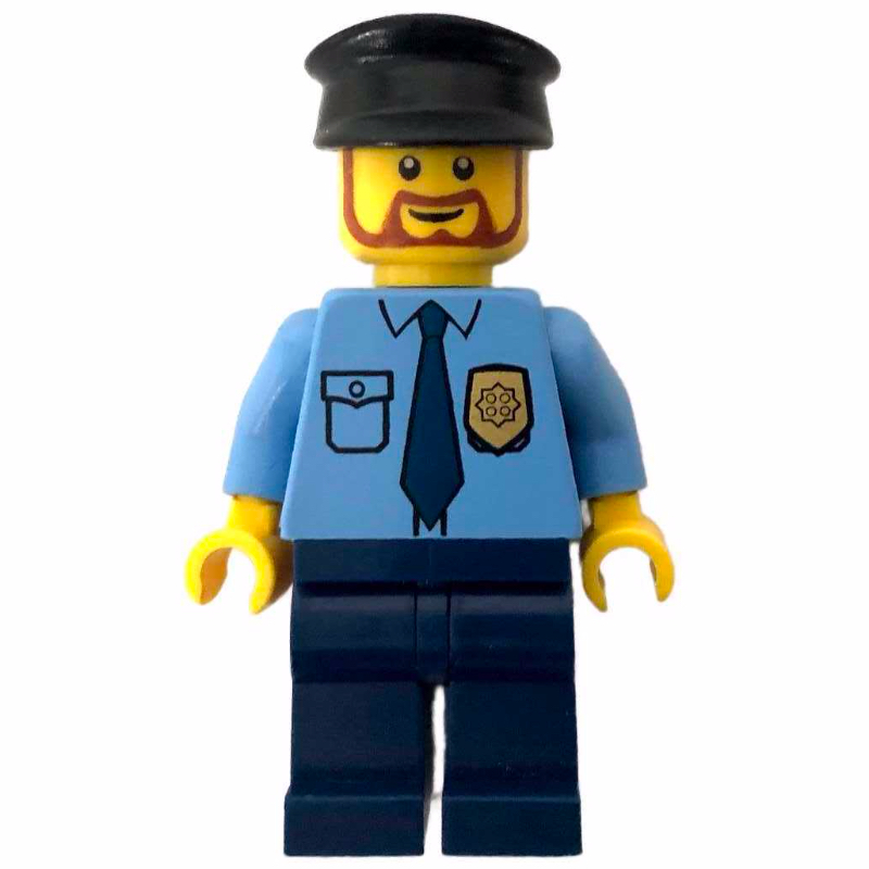 LEGO Policeman, Medium Blue Shirt with Badge and Tie, Dark Blue Legs, Black Hat, Beard (fig-008117)