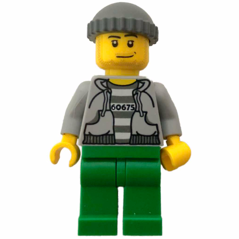 LEGO Criminal, Open Light Bluish Gray Hoodie over Prison Shirt with #60675, Dark Bluish Gray Hat, Stubble (fig-008118)