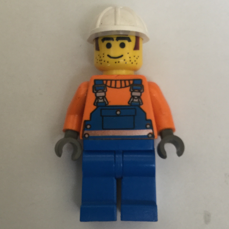 LEGO Construction Worker, Blue Overalls over Orange Sweater, White Hard Hat, Printed Hair and Stubble (fig-008119)