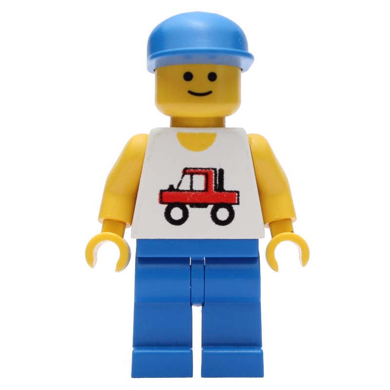 LEGO Man, White Vest with Truck, Blue Legs, Blue Cap (3626b Head) (fig-008128)
