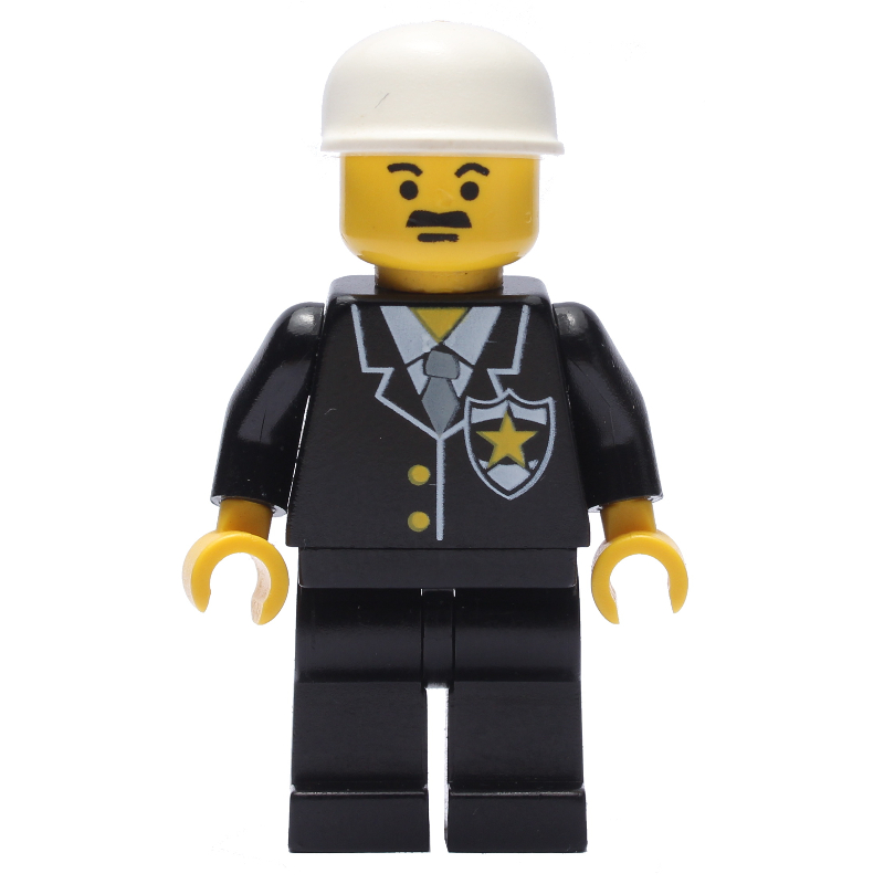 LEGO Policeman, Black Jacket with Tie and Badge, Black Legs, White Cap, Moustache (fig-008129)