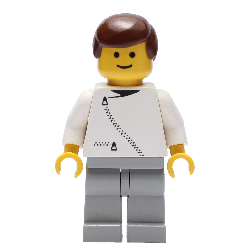 LEGO Man, White Jacket with Zipper, Light Gray Legs, Brown Hair (fig-008130)