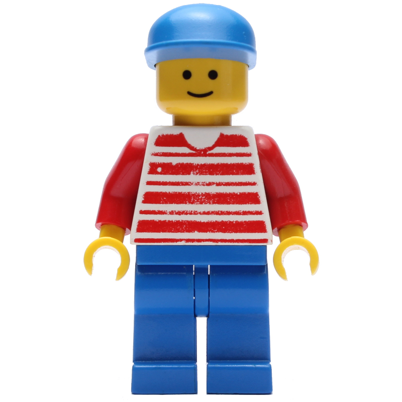 LEGO Man, Red and White Striped Shirt, Blue Legs, Blue Cap (fig-008131)