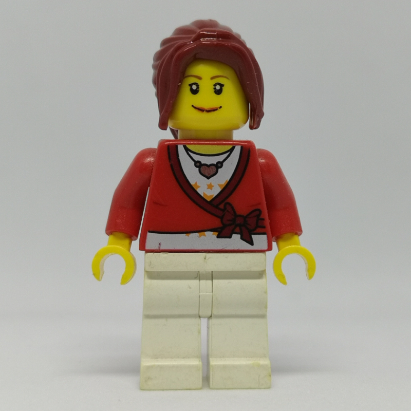 LEGO Woman, Cardigan Tied with Bow and Necklace, White Legs, Dark Red Hair (fig-008135)