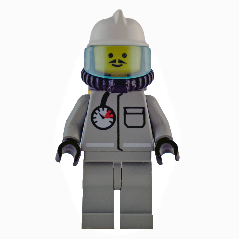 LEGO Fireman, Shirt with Gauge and Pocket, Light Gray Legs, White Helmet, Breathing Apparatus, Airtanks, Moustache (fig-008136)