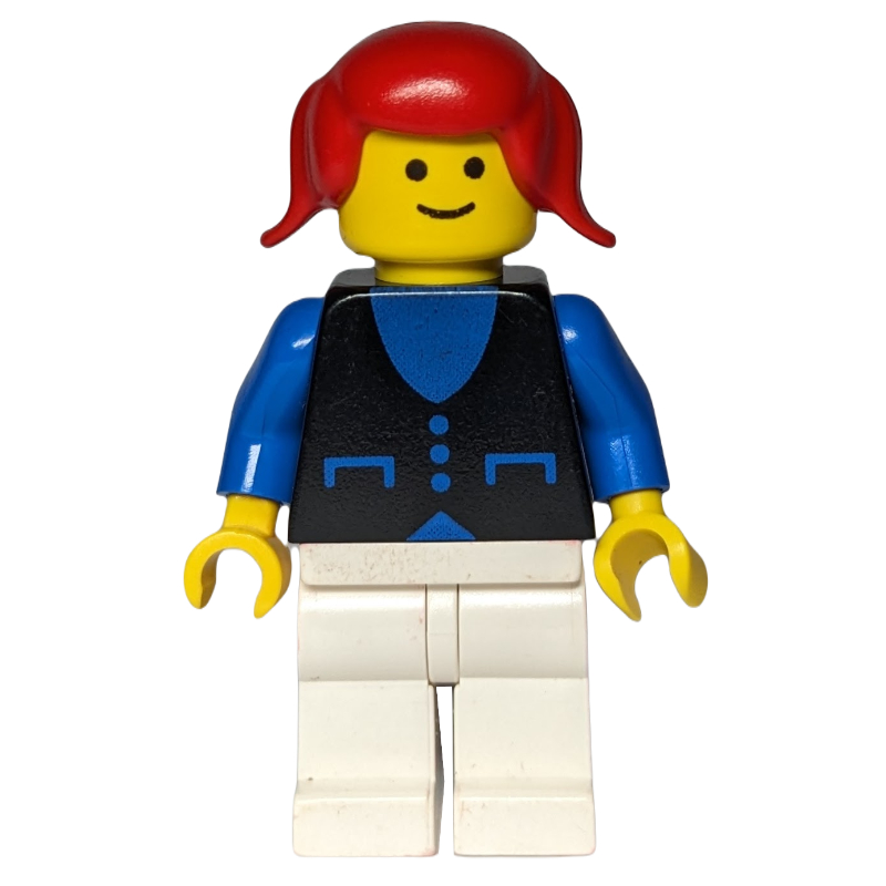 LEGO Woman, Black Vest over Blue Top, White Legs, Red Hair (fig-008139)
