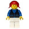 Woman, Black Vest over Blue Top, White Legs, Red Hair
